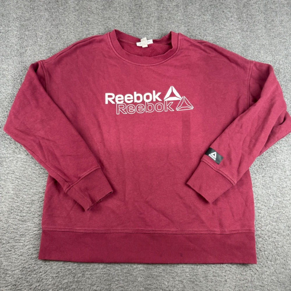 Reebok Sweatshirt Womens Medium Burgundy Maroon Graphic Logo Fleece Pullover